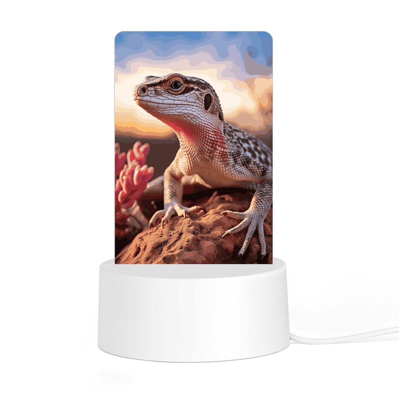 JTREHY Acrylic Night Light with Base White Lizard Print Desktop Night Light LED Bedside Night Light for Bedroom Bathroom Hallway Holiday Gift