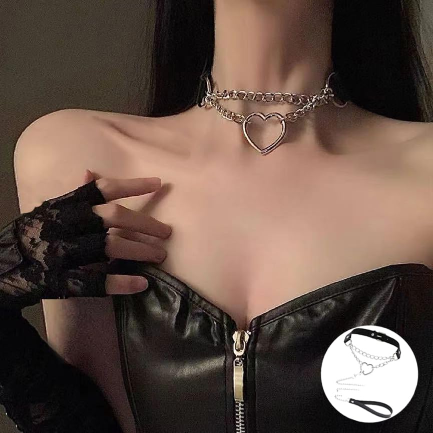 Leather Choker Collar with Chain Leash Heart Studded Necklace with Lead Chains Bondage Cosplay for Women2