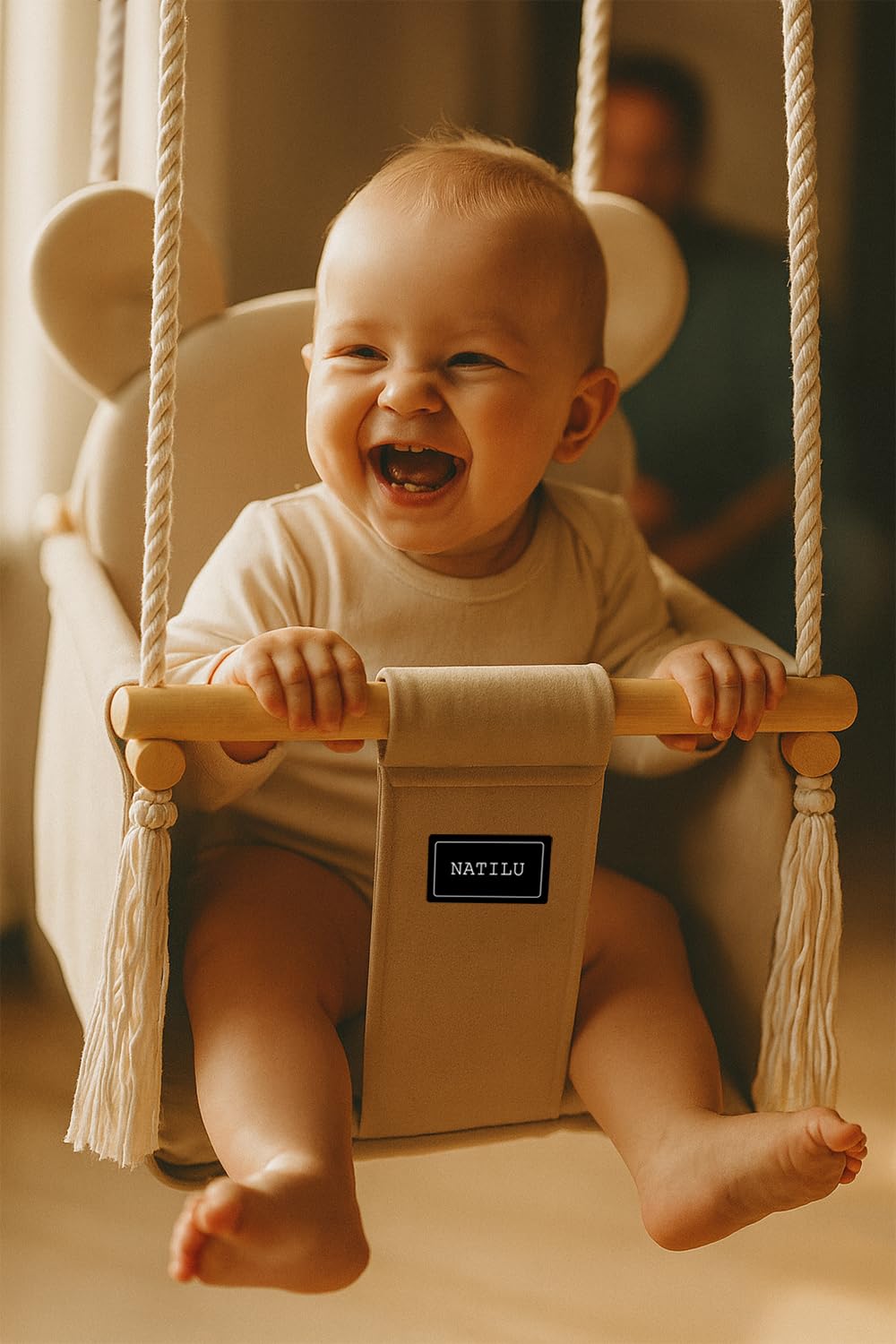 Altalena per bambini Bear Light Beige | altalena in legno per bambini | altalena con orsacchiotto | prodotto nell'Unione Europea