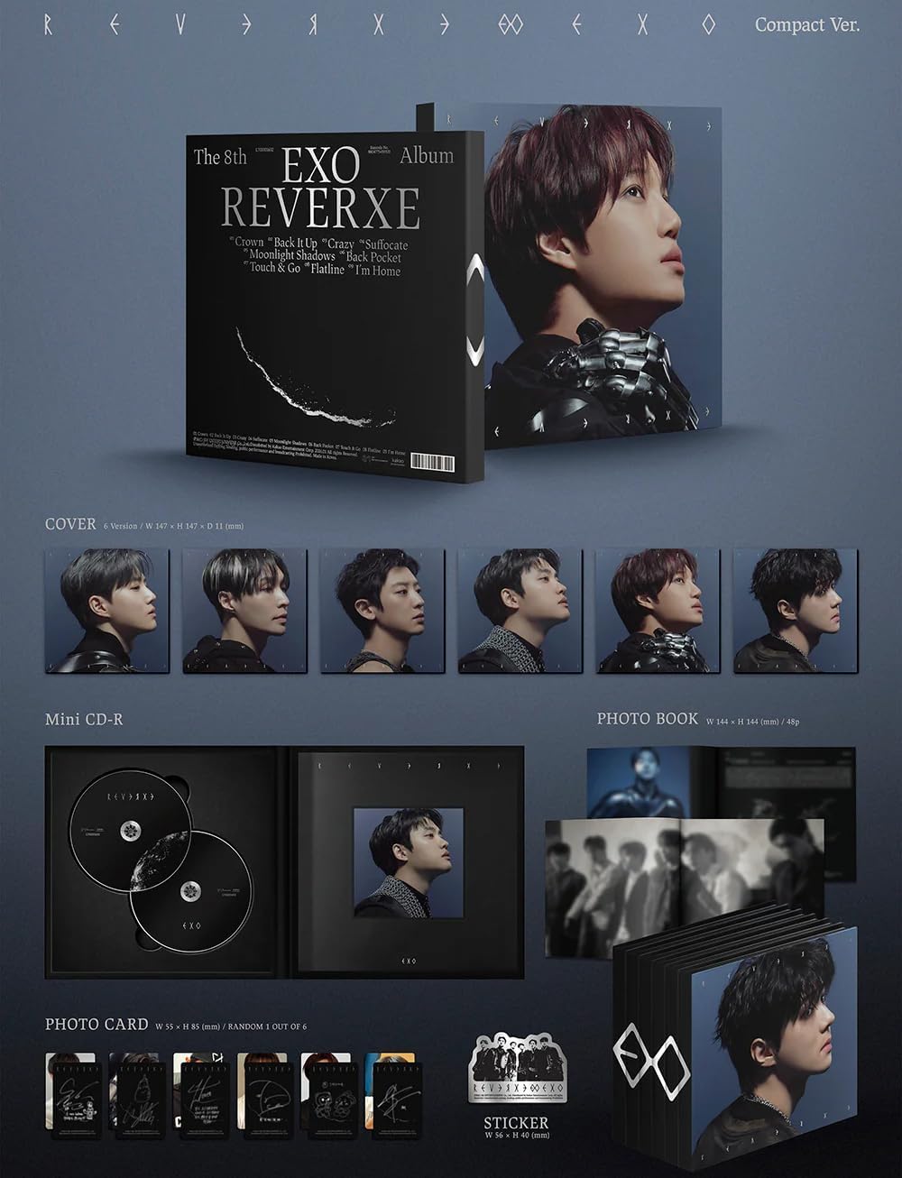 EXO REVERXE 8th Album [Compact KAI Ver.] Photobook + Mini CD + Photocard + Sticker + Member Cover (Crown) image 2