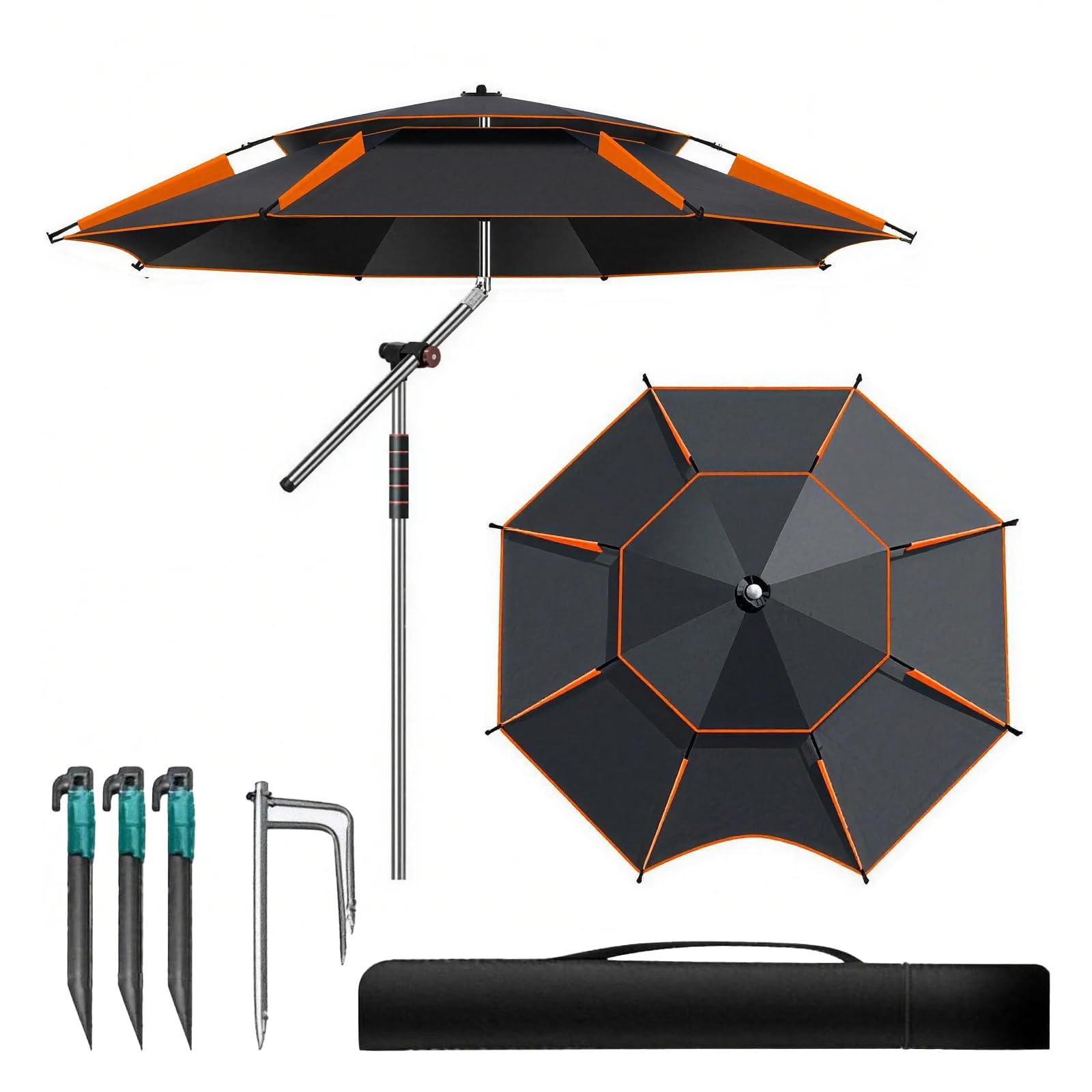 Sombrilla de 240 cm, sombrilla plegable, grande, con funda protectora para balcón, playa, 360 °, ajustable, ofrece protección impermeable y solar, verde