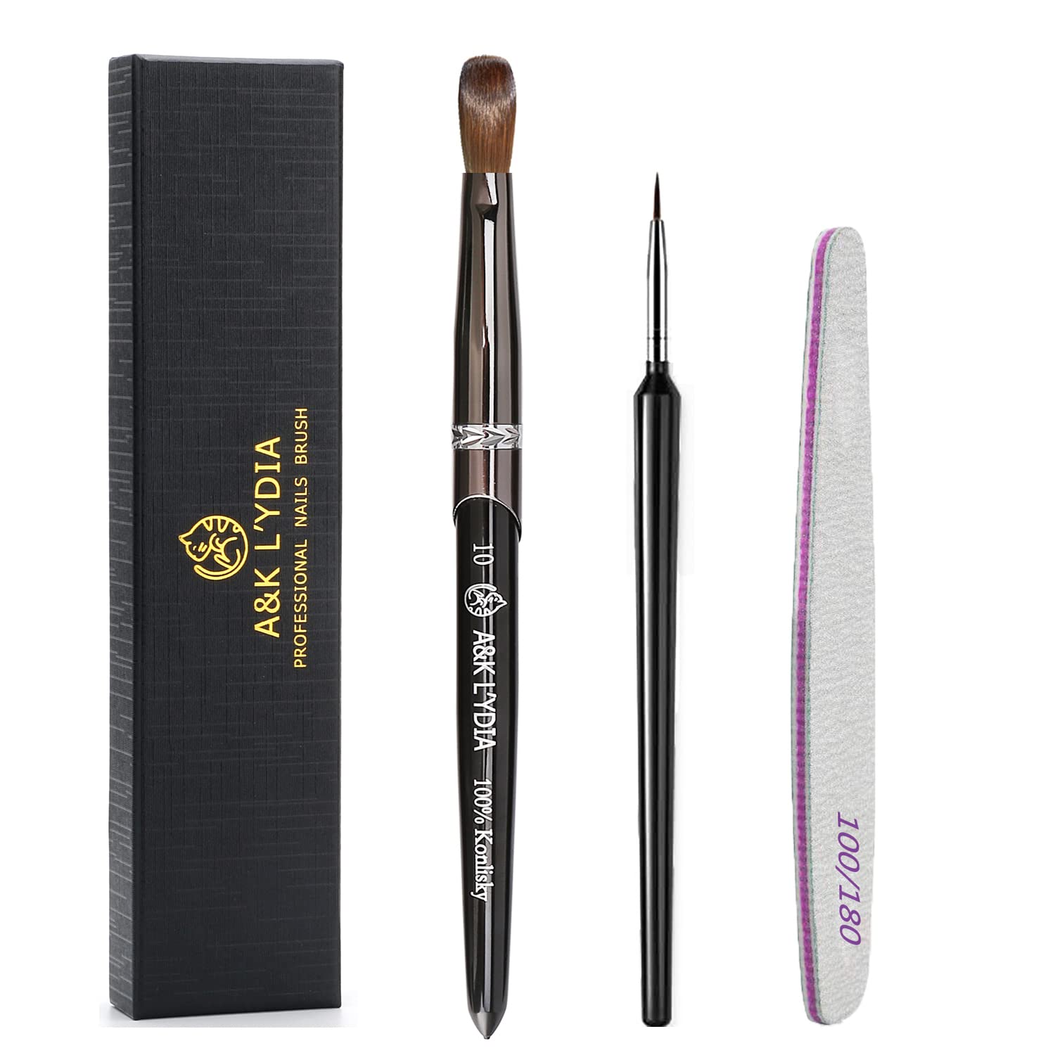 A&K L'YDIA Acylic Nail Brush-2pcs Pure Konlisky Sable hair Crimped Oval Nail Art Brush Black Metal handle with Nail Files for Professional acrylic