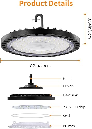 Miniatura 8 de Luz LED de alta bahía 100W 21,000LM | Luces LED UFO LED de alta bahía de 5000 K para iluminación comercial de bahía, luz de área de almacén,