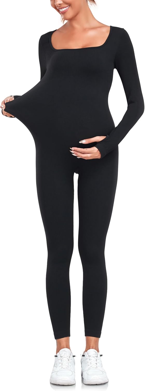 EastElegant Maternity Seamless Yoga Jumpsuits Women's One Piece Workout Bodysuits Ribbed Square Neck Long Sleeved Romper - Image 3