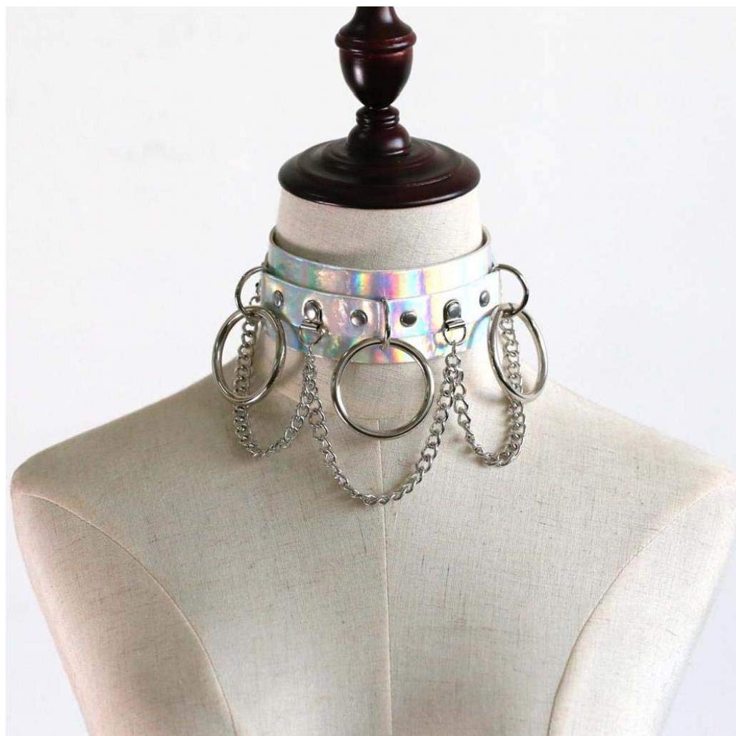 Choker Collana Olografica Punk Per Donna - Collare In Finta Pelle Arcobaleno Per Festival Rave E Party - 2