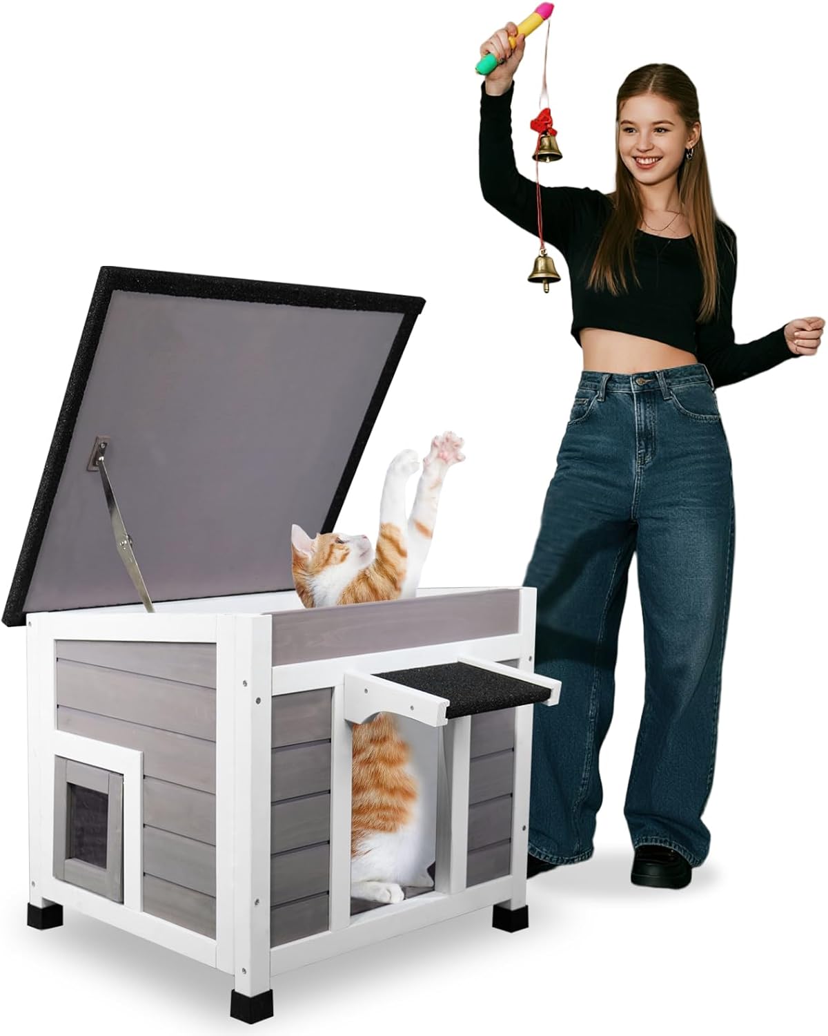 Outdoor Cat House Feral Cat Shelter for Winter Stray Cats, Outside Cat Enclosure Weatherproof with Openable Roof 2 Escape Doors