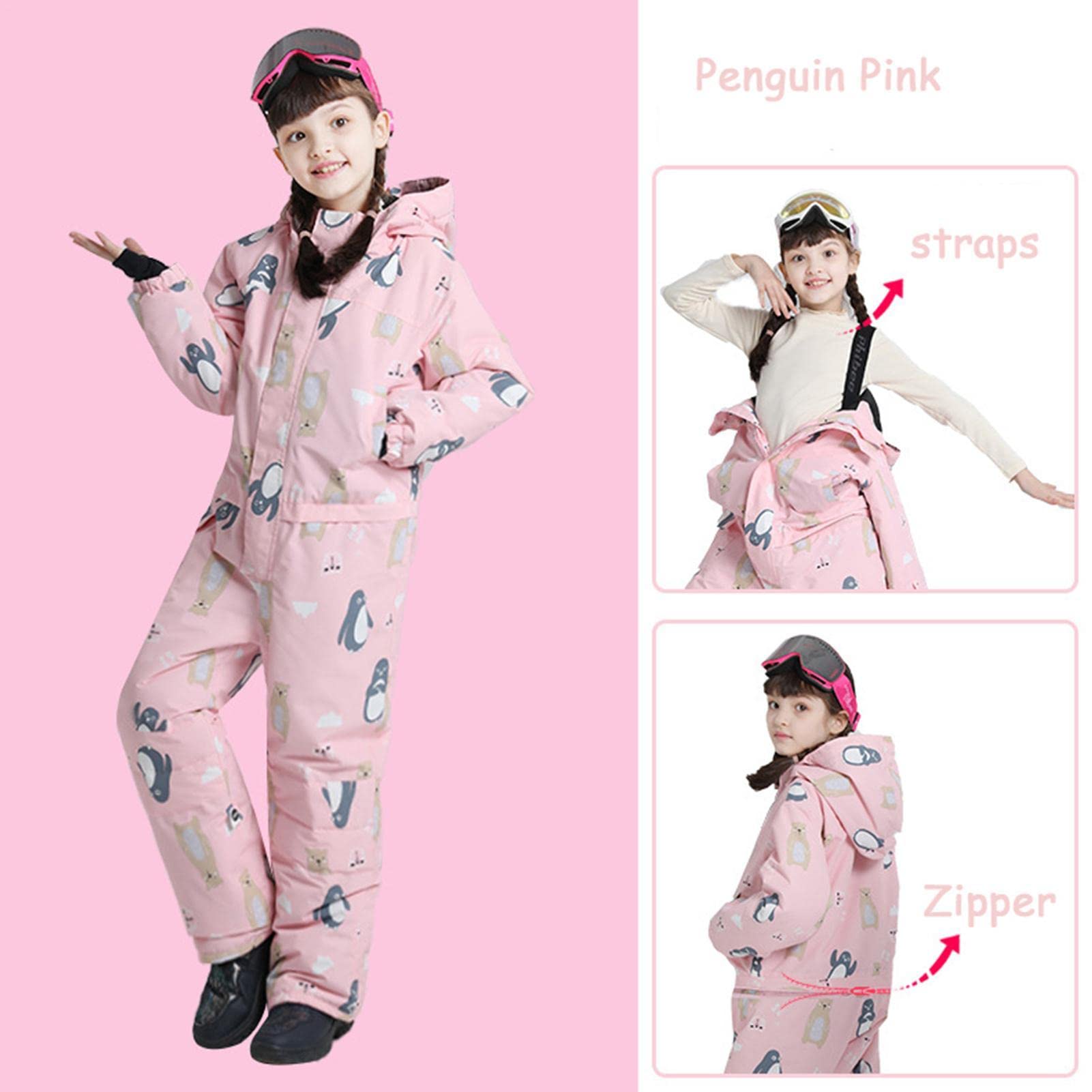 WEITING nieve para niño y niña, mono nieve entero transpirable para niños y niñas, mono nieve suelto con diseño pingüino, mantente caliente durante el snowboard invierno