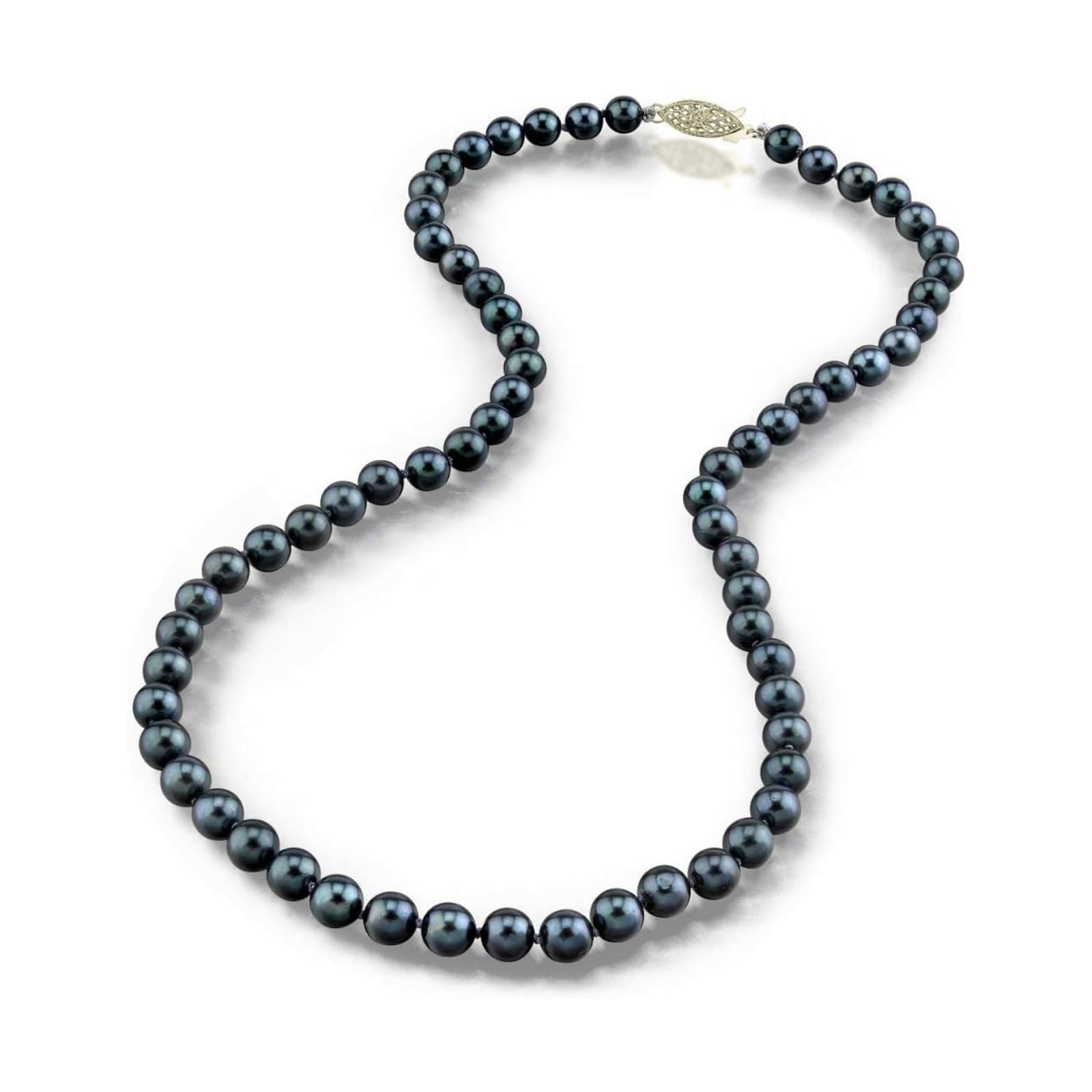 THE PEARL SOURCE 14K Gold Round Genuine Black Japanese Akoya Saltwater Cultured Pearl Necklace in 18" Princess Length for Women