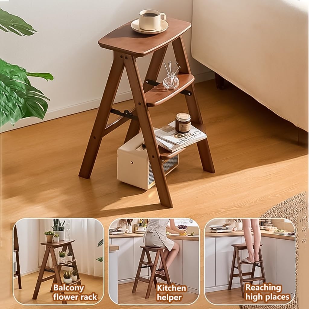 Klappbarer Multifunktions-Trittschemel aus Holz (3-in-1): Trittschemel, Thekenhocker, tragbarer Trittschemel aus Holz mit Rutschfester Ablagefläche für Bibliothek, Küche und Haushalt.