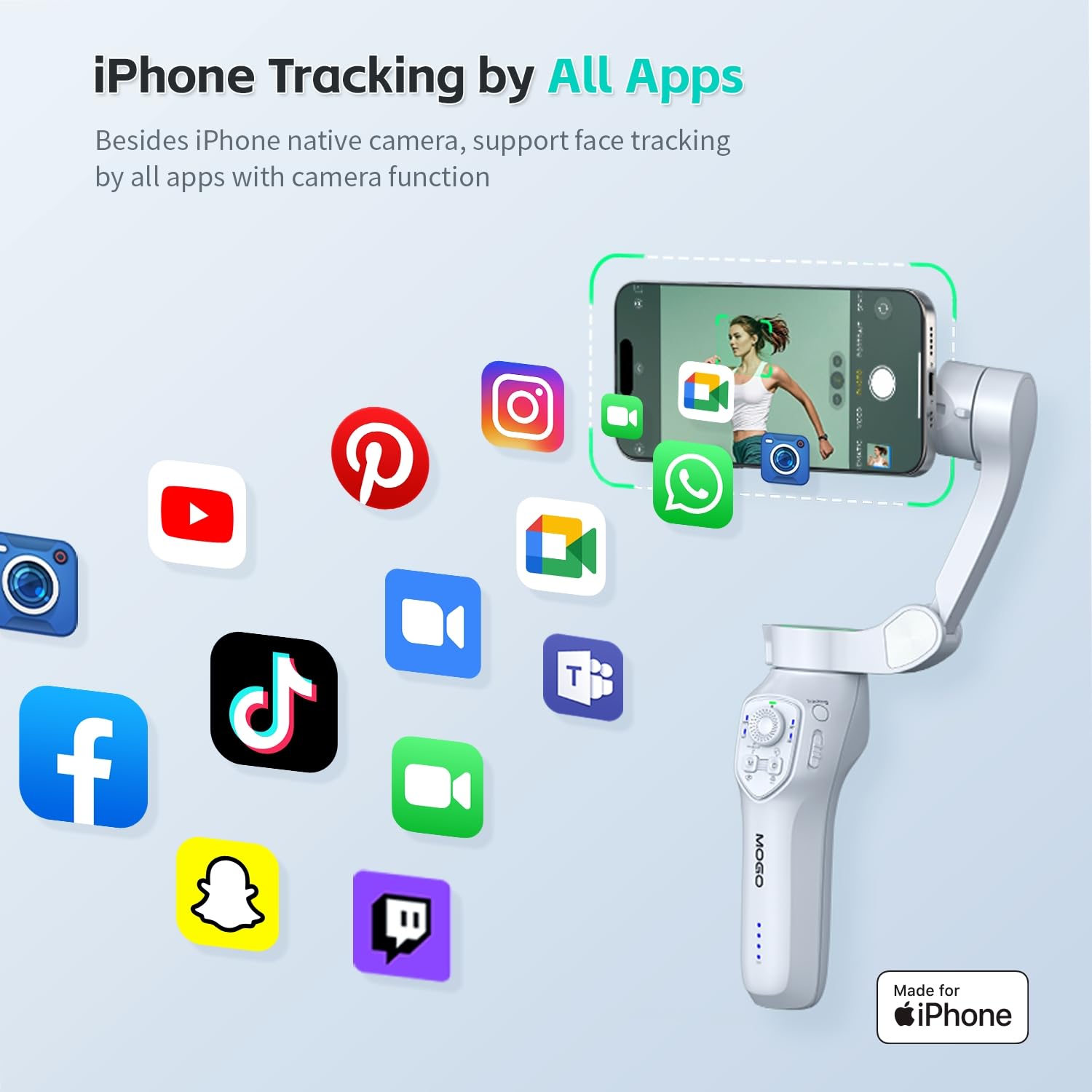 COMITOK MOGO - Estabilizador de cardán para iPhone, [certificado MFi] cardán de teléfono con seguimiento facial de 360 grados para grabación de video, par NFC y soporte magnético para iPhone 16 15 Pro