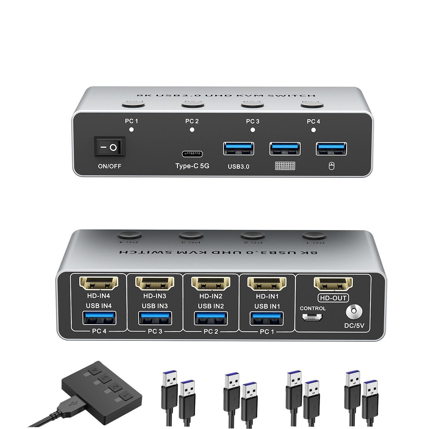 KVMスイッチ 8K HDMI USB 切替器 4ポート(PC4台用)8K@60Hz 4K@120hz HDMI2.1 HDCP2.3 スプリンター キーボード/マウス/モニターを共有 メモリ/プリンター/外付けハードディスク対応 ドライバー不要 外付けスイッチ&USBケーブル4本付き(8K 4ポート)