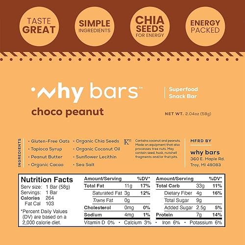 Miniatura 9 de Why Bars, Barras de proteínas, súper cacao, barras de 2.04 onzas (paquete de 12 barras de proteínas)  Superalimento en barra de proteínas, sin