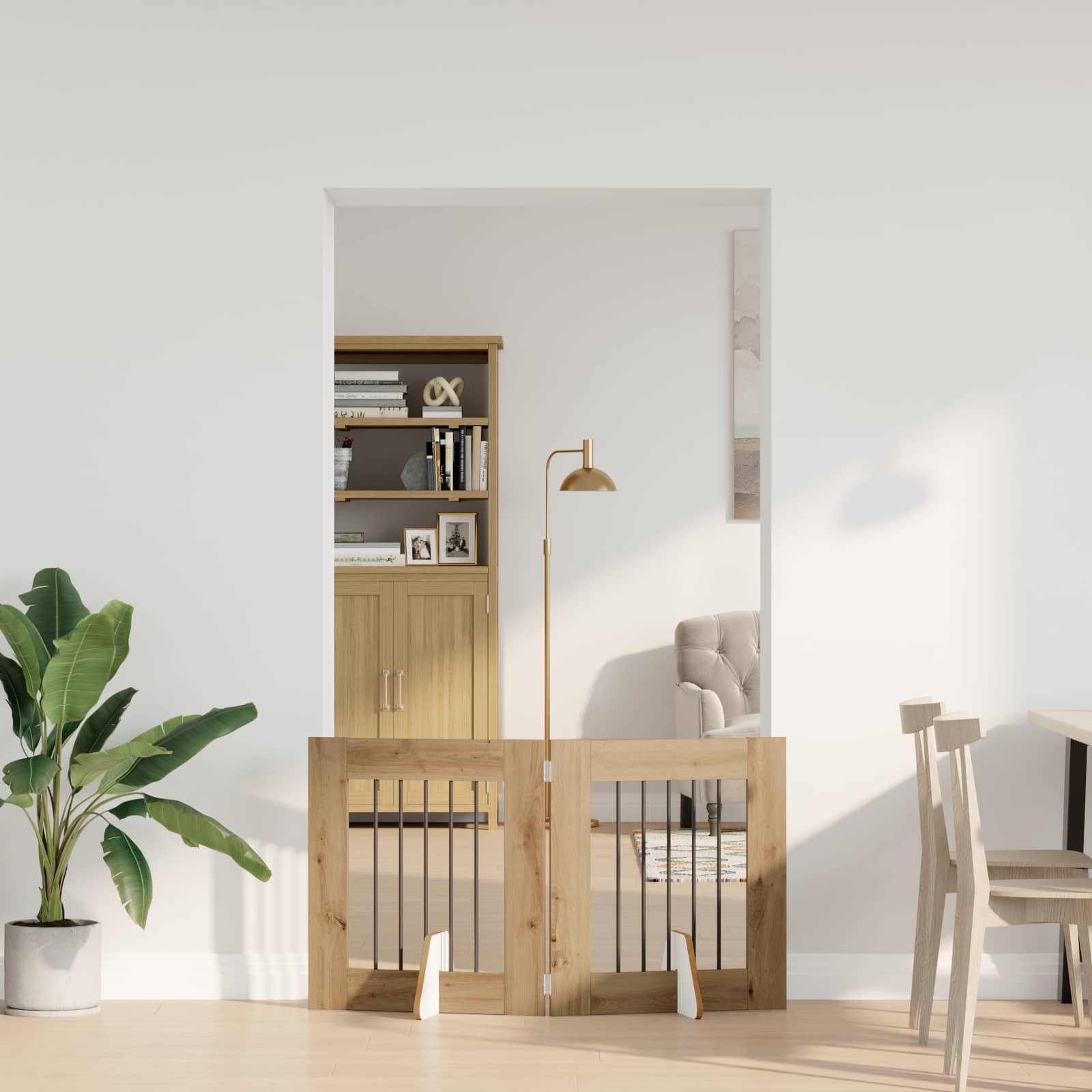 Puerta para perros con soporte, 2 unidades, roble Artisan, 60 x 60 cm, plegable, plegable, modular, ampliable, para interior y exterior, protección y cierre seguros