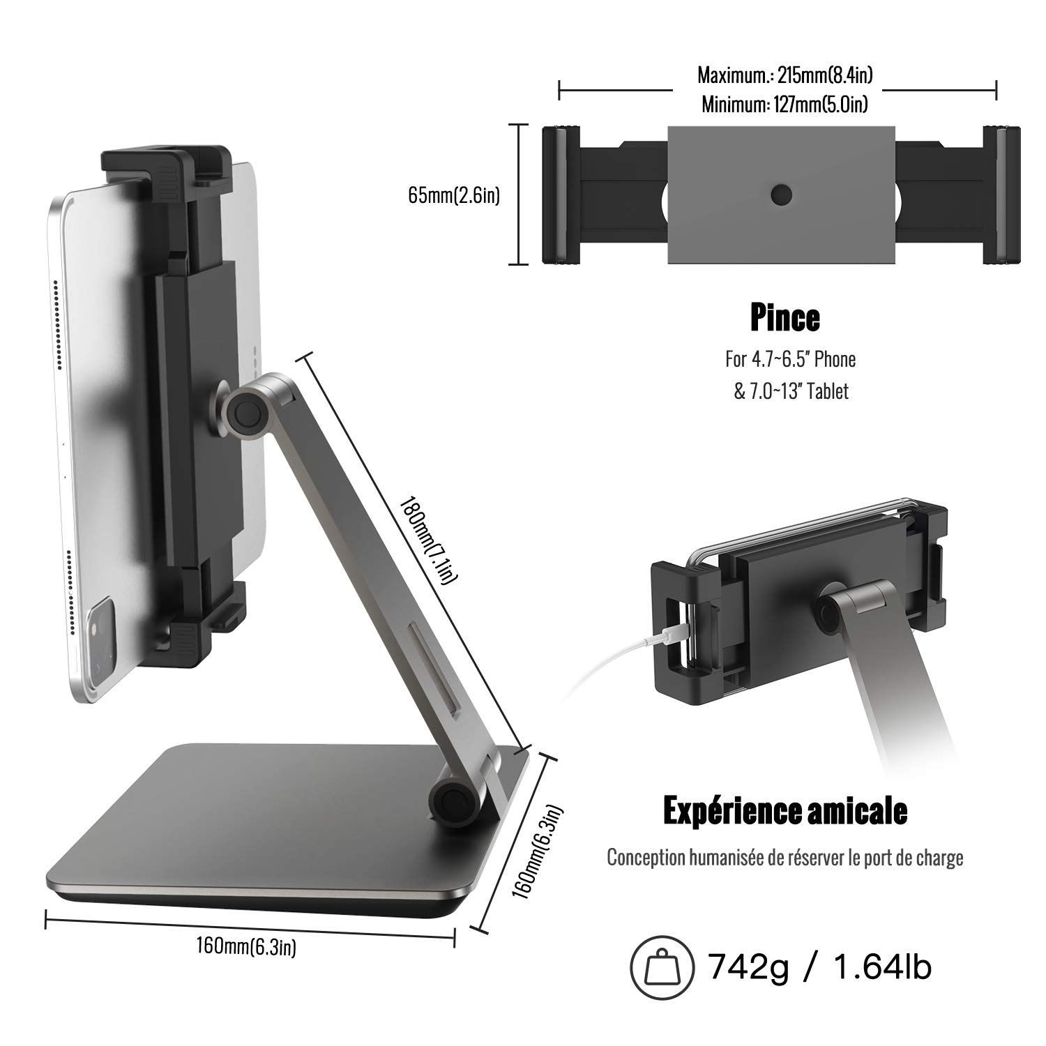 Tablet-Halterung, schweres Aluminium, verstellbar, 360° drehbar und faltbar, kompatibel mit iPad, Samsung Tab, Kindle (4,7-13 Zoll), Grau