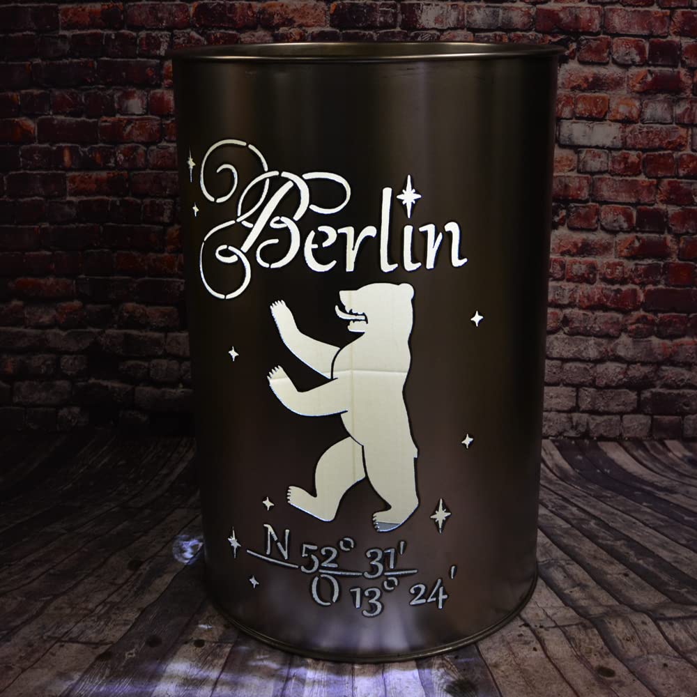 Feuertonne mit - Berlin - Motiv - Gefertigt aus neuem Ölfass - Besondere Feuerstelle für Garten und Terrasse - Hohe Feuerschale mit Rostoptik - 90 x 60 cm