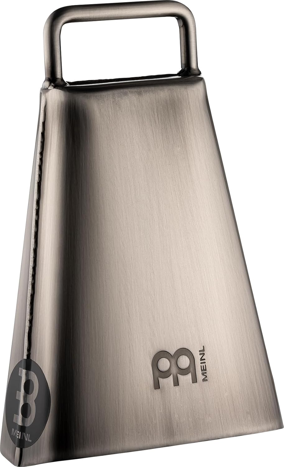 Handheld Cowbell with Holder, 6 1/4" Hand Brushed Steel — NOT MADE IN CHINA — Low Pitch, 2-YEAR WARRANTY