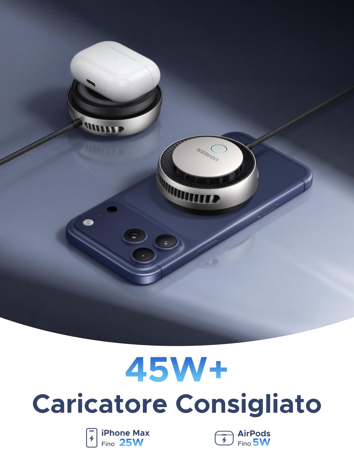 UGREEN MagFlow Pro Caricatore Wireless iPhone Magsafe, Qi2 25W Certificato Ricarica Rapida, Raffreddamento MAX con TEC Cooling e Ventilatore Integrato, Compatibile con iPhone 17 16 15 14 13 12