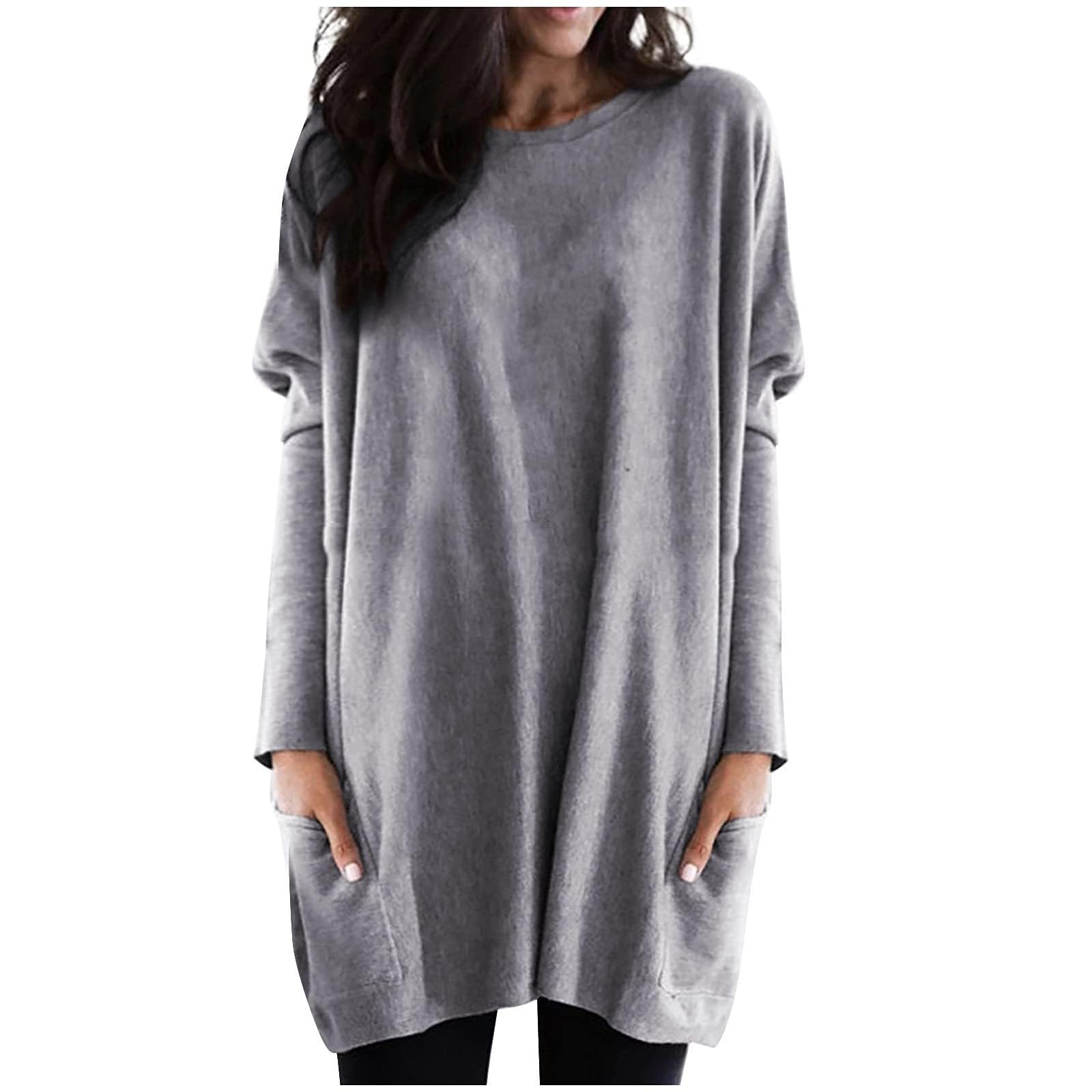 Womens Long Sleeve Tunic Tops for Leggings Fall Casual Long T Shirts with Pockets Dressy Loose Fit Oversized Cute Teacher Clothes Grey