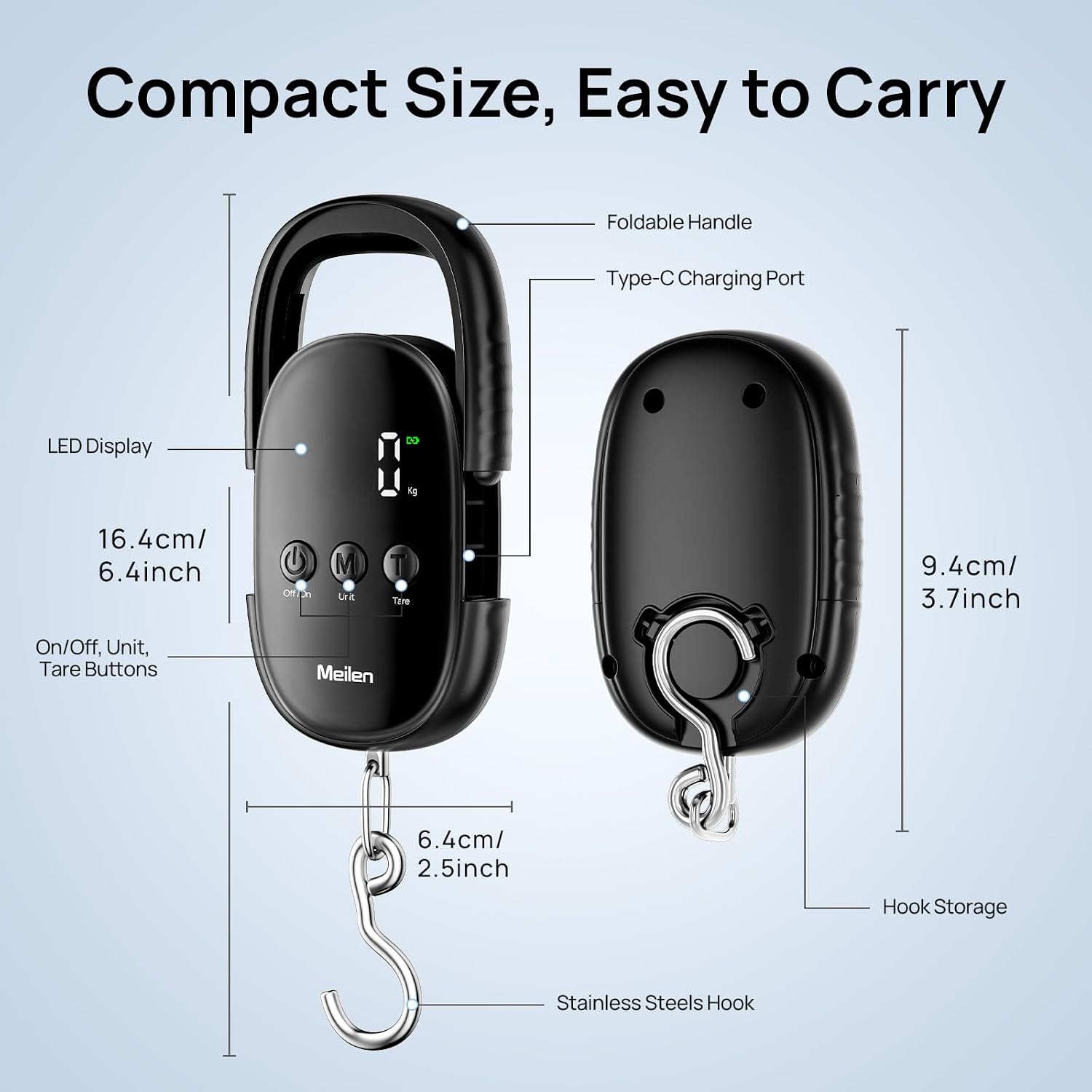 Meilen Luggage Weight Scale, 110LB/50KG Digital Fishing Scale with Portable Hanging, Suitcase Baggage Scale with Hook, Type-C Charging, LED Screen, Black (1)