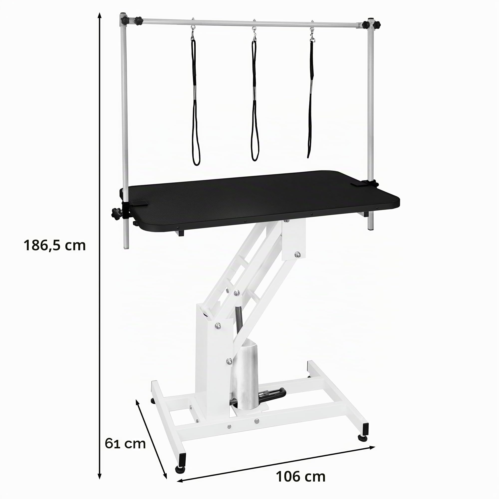Hydraulischer Hundepflegetisch Höhenverstellbar Profi Trimmtisch | für Tiere bis zu 180kg | 106 x 61cm Gummioberfläche, 4 anpassbare Stallfüße & 3 Schlaufenleinen [Weißer Rahmen & Schwarzer Tisch]