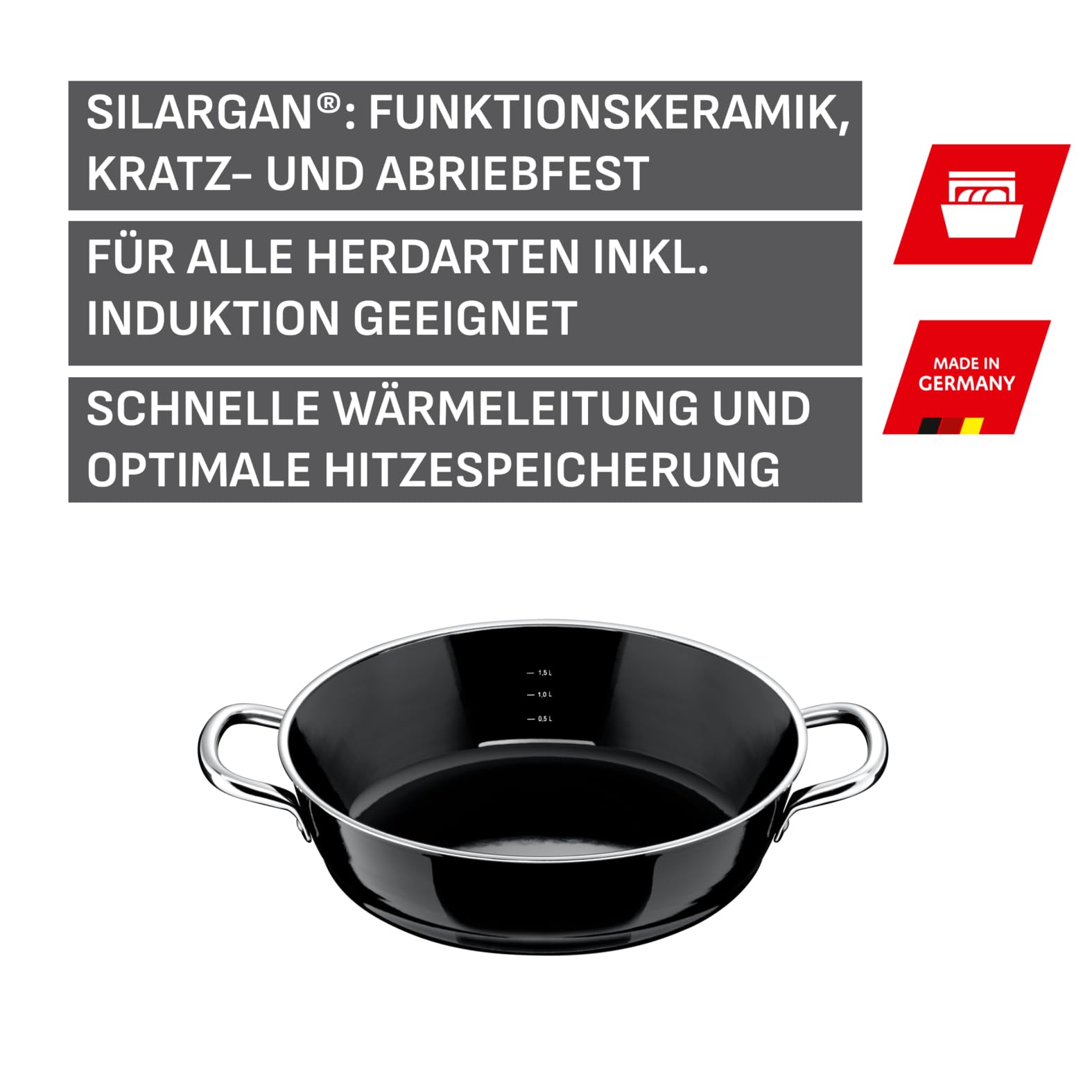 Silit Professional Servier-Schmorpfanne 28 cm, Silargan Pfanne 28 cm Schmorpfanne, Bräter, Schmortopf 4,1l, Silargan Funktionskeramik, hoher Rand, Induktion, schwarz