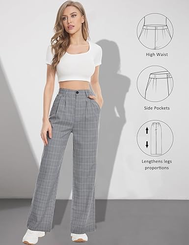 Miniatura 4 de Tapata Pantalones de pierna ancha para mujer, pantalones de vestir de cintura alta, casuales, elásticos, bolsillos para el trabajo y negocios