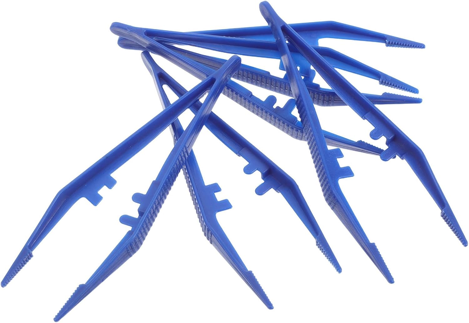 FUOYLOO 50pcs Blue Plastic Tweezers 13cm for Lab Use, Precision Small Craft and Science Tools with Serrated Tips and Finger Ridges for School, Electronics Repair, and Model Building