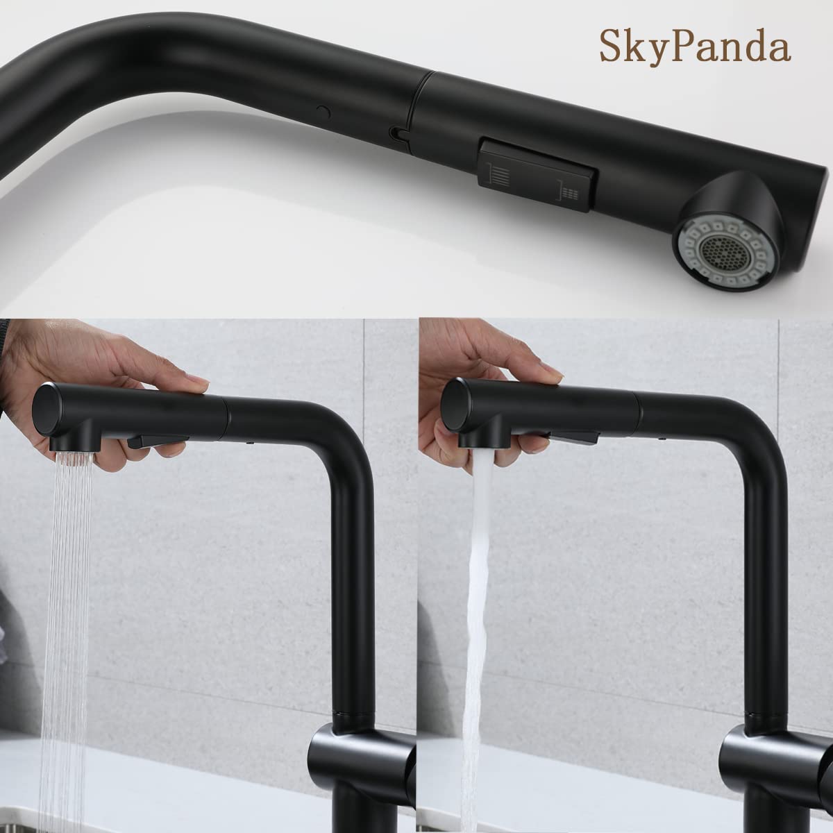 SkyPanda - Rubinetto da cucina con rubinetto mobile, doccetta con 2 modalità di spruzzo, girevole a 360° con miscelatore spruzzatore estraibile, in acciaio inox SUS304, colore nero opaco