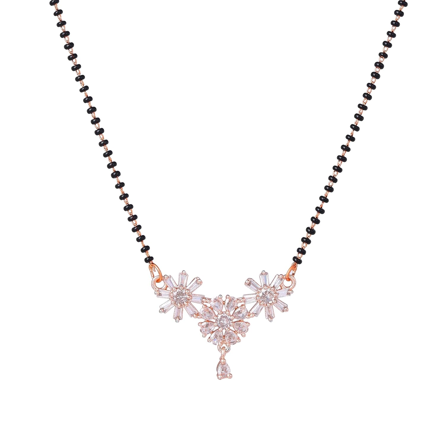 Rosegold Plated Charming & Vibrant Floral Elegance Mangalsutra Chain with Black Beads & White Crystals for Women