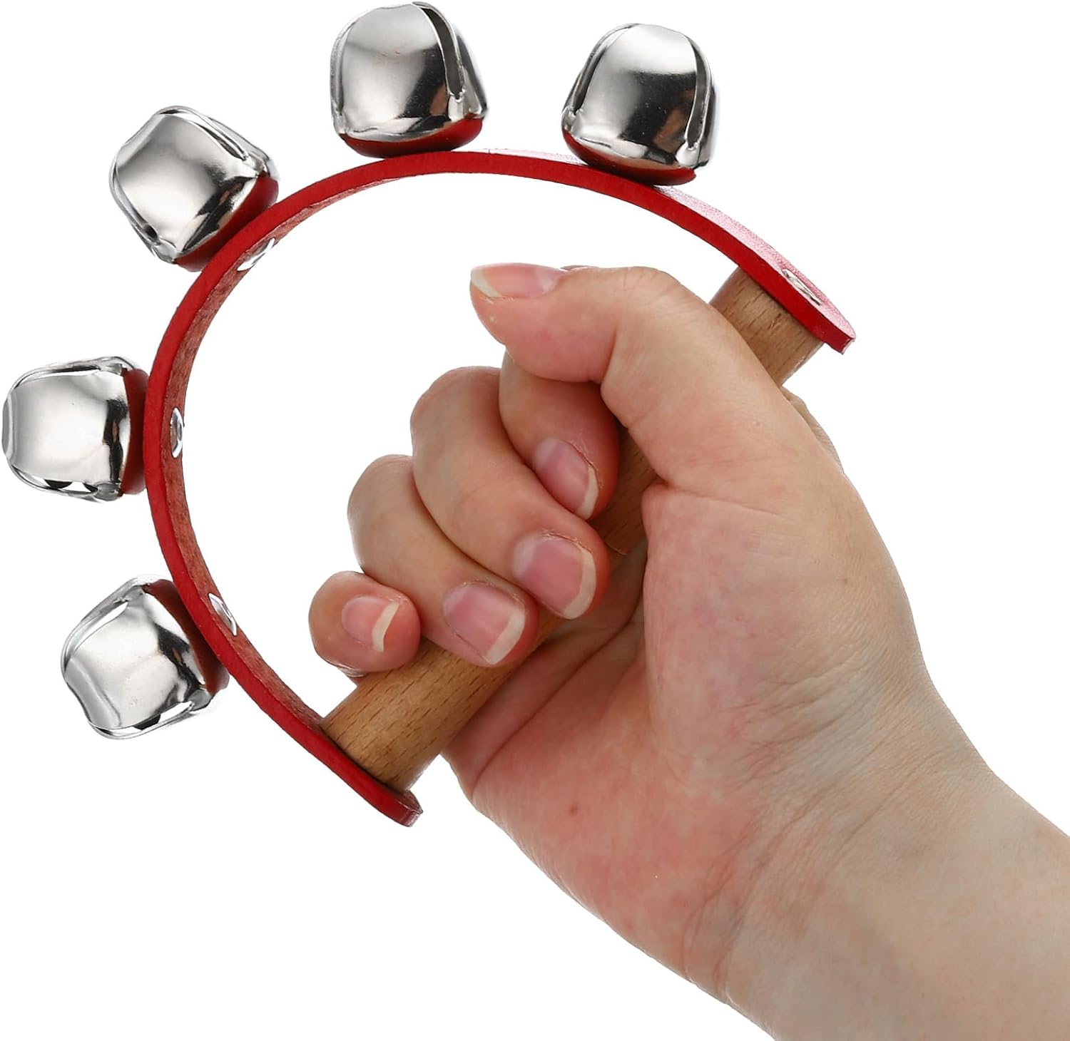 PATIKIL 1pcs Hand Jingle Bells, Hand Bell Handheld Wrist Bells Sleigh Bells Wooden Hand Percussion Instruments Musical with 5 Bells for Music Class Party Christmas, Red - Image 4