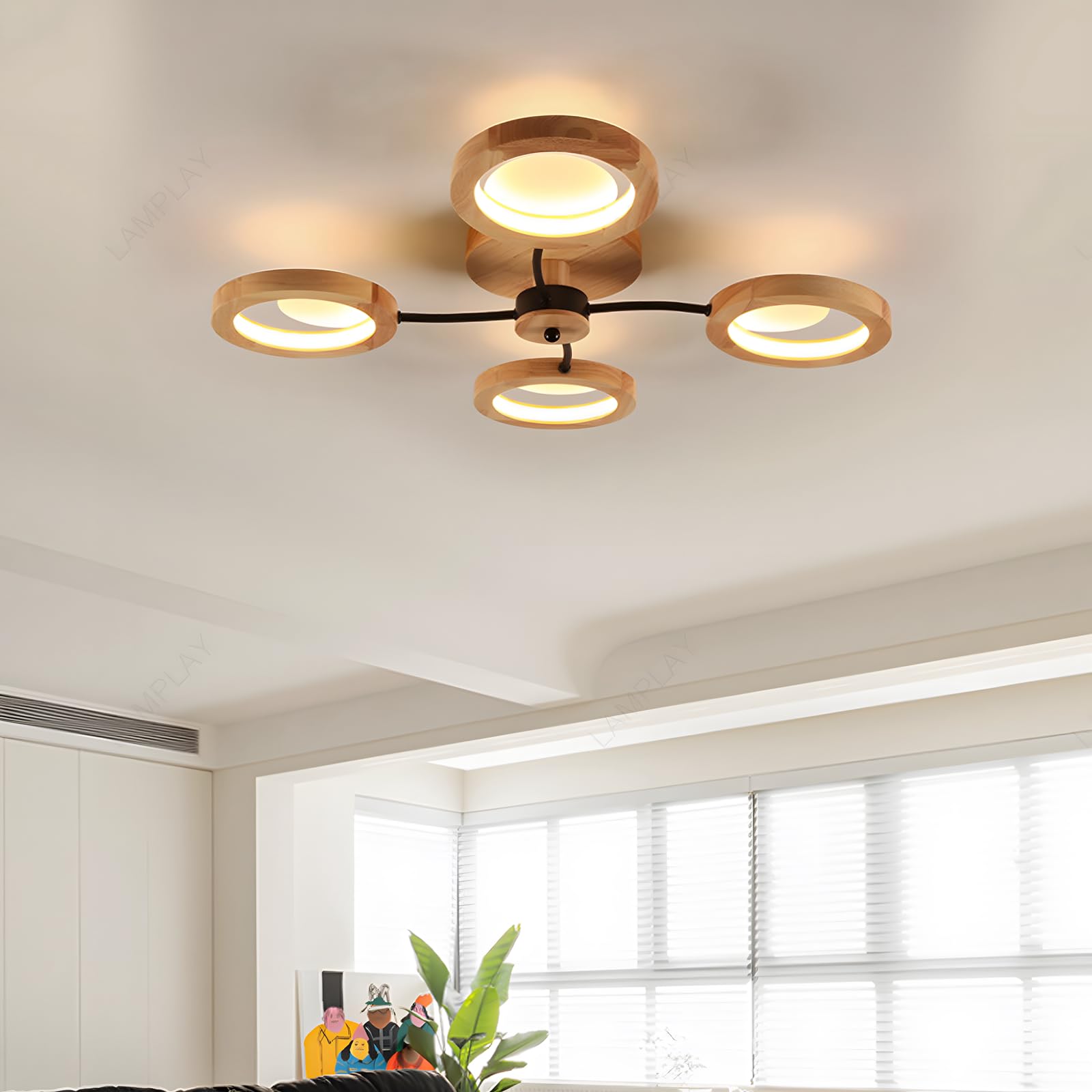 Moderne LED-Deckenleuchte, Ø74cm Kronleuchter Dimmbar Mit Fernbedienung 3000K-6000K, Schwarzer Arm + 4 Holzringe, Metallkreis-Lampenschirm, Wohnzimmer Schlafzimmer Esszimmer Arbeitszimmer Büro