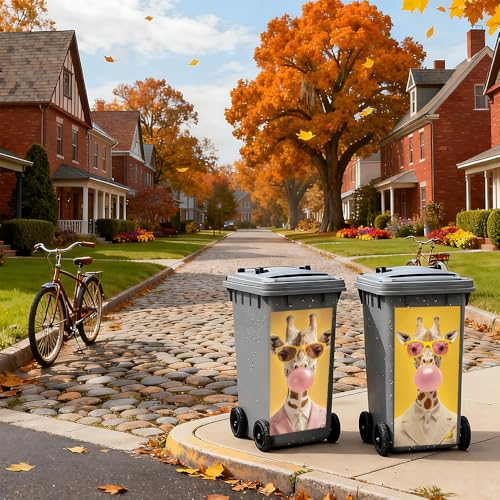 Image of 2 PC Trash Can Sticker 14.57 x 32.28 Inch Funny Giraffe Bubblegum Design Vinyl Sticker with Pink Suit Yellow Background and Sunglasses Pattern for Outdoor Garbage Bin Garden Yard Driveway Home Decor