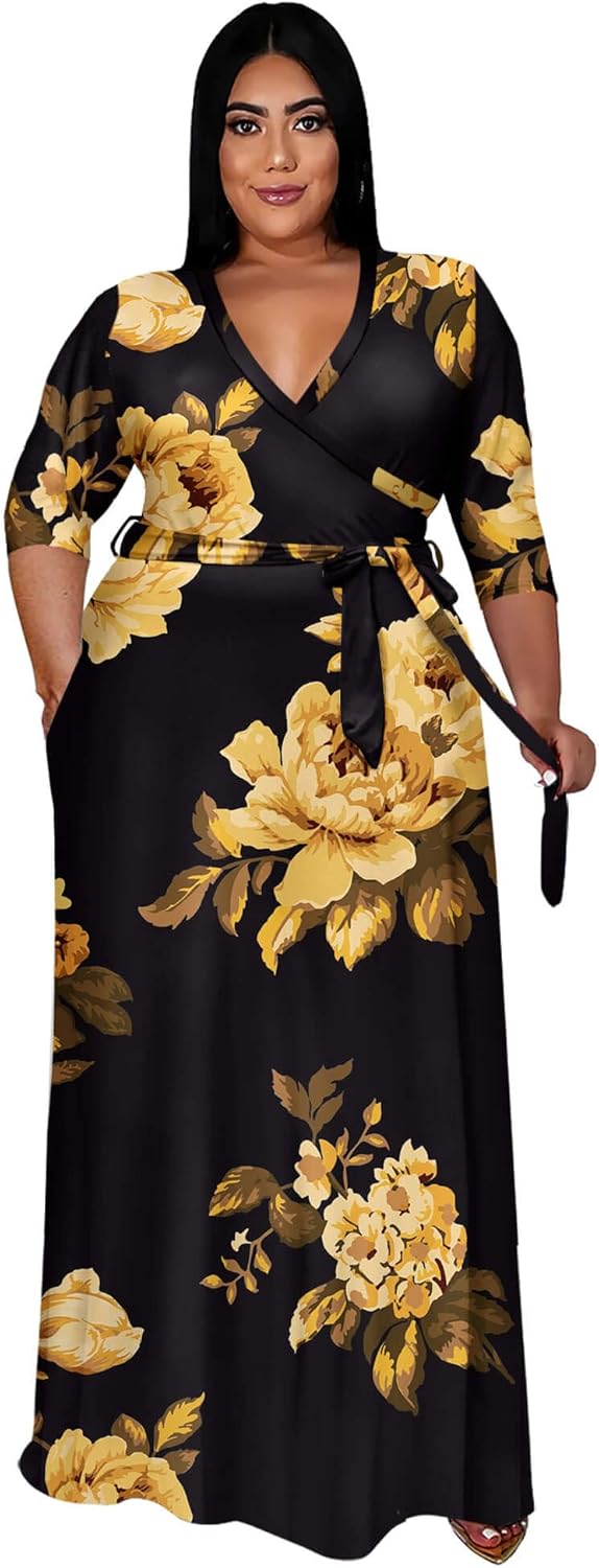 Runwind Plus Size Dress for Women - 3/4 Sleeve V Neck Maxi Dresses for Women (XL-6XL)