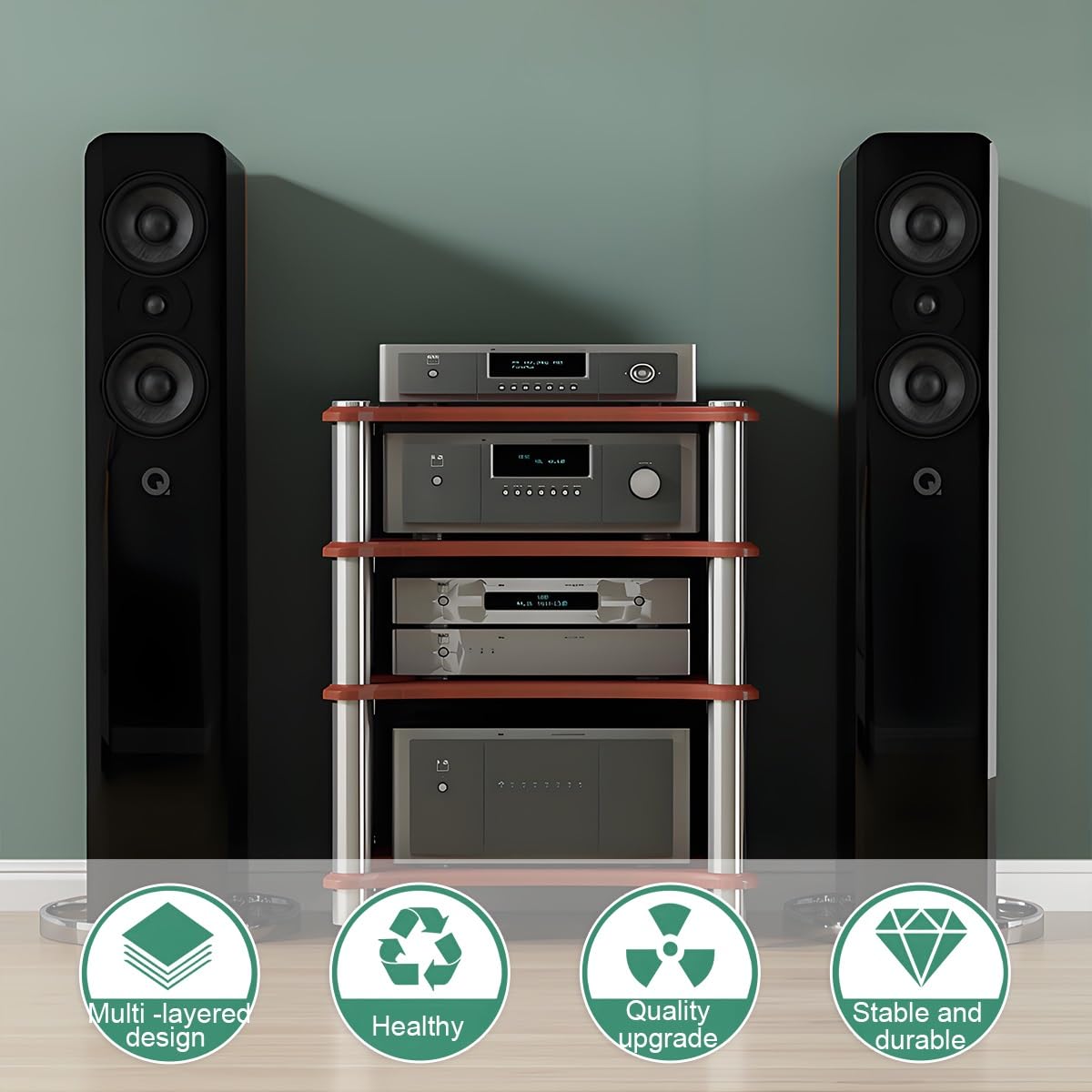 4-poziomowy stojak na audio stereo, otwarta szafka na multimedia, na odtwarzacze DVD i konsole do gier, półka na komponenty AV, narożna wieża, do przechowywania, żółty, wysokość 10 cm