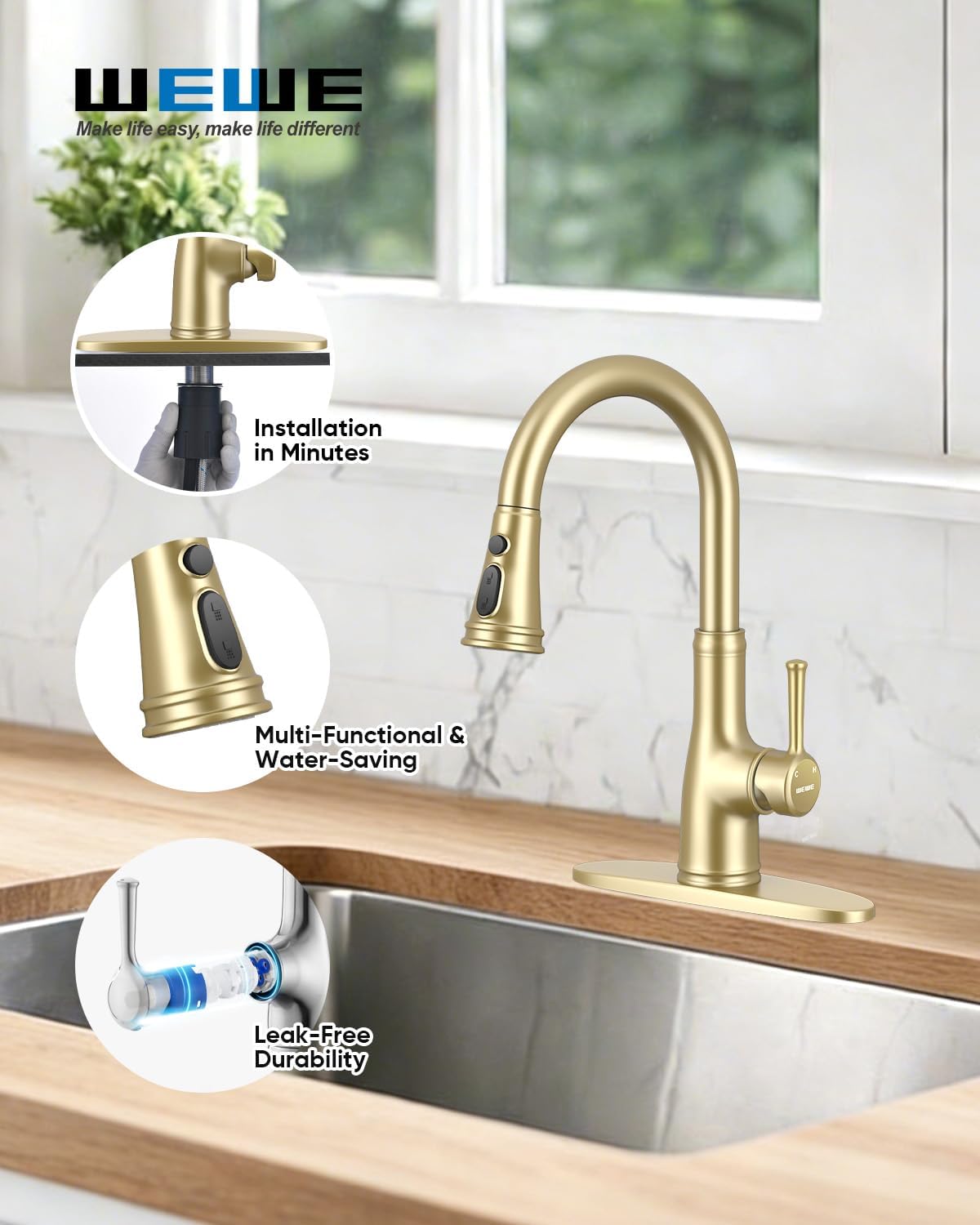 WEWE Vintage Kitchen Faucet with Pull Down Sprayer, Stainless Steel 1 or 3 Hole High Arc Single Handle Antique Sink Faucet for Classic Modern Ktichen, Gold Bar & Prep Sinks - Image 2