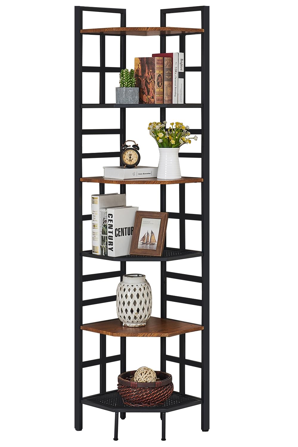 HOMISSUE Corner Shelf, 6 Tier Tall Narrow Bookshelf 76.9", Industrial Corner Bookcase with Storage for Home Office Living Room and Bedroom, Brown