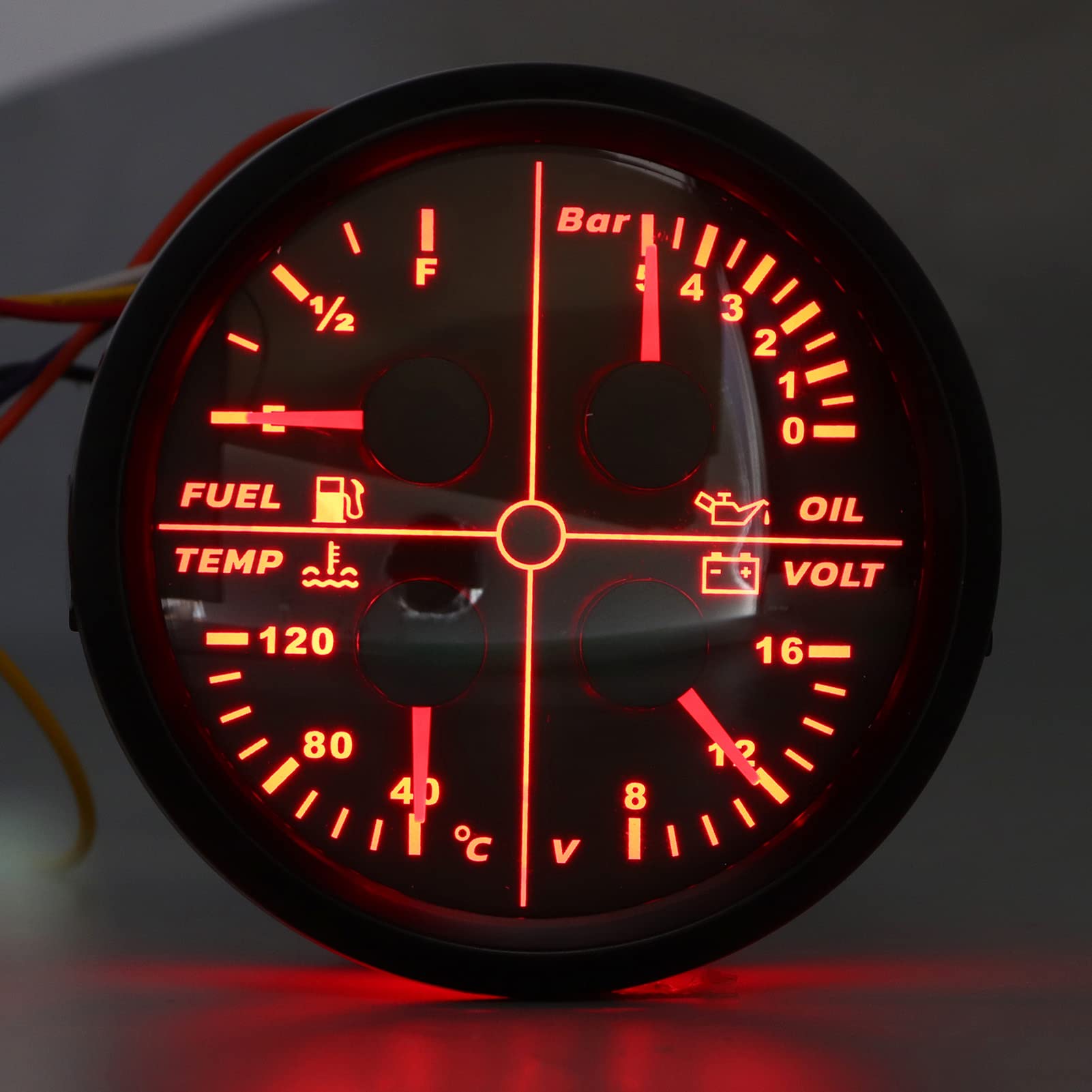 Kit de Jauge Multifonction, 85 Mm 4 en 1 Jauge Multifonction Niveau de Carburant Pression D'huile Température de L'eau Tension Compteur Type de Pointeur pour RV Yacht Ship