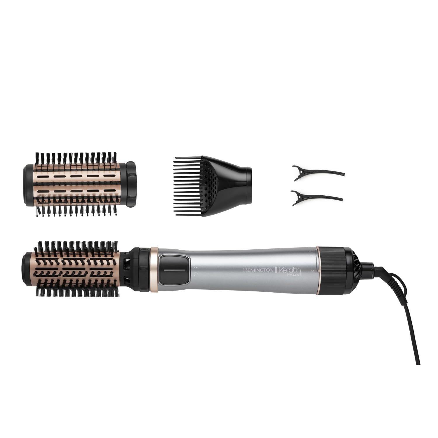 Remington AS8811 Keratin-Schutz drehbar mit 3 Aufsätzen: Mischborsten und weiche Borsten, Volumenwurzelverstärkung und Haarklammern, Keramikbeschichtung