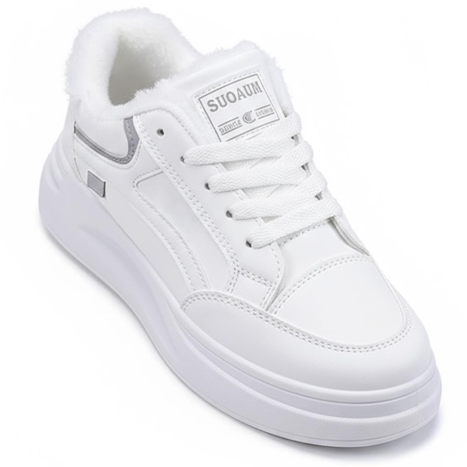 Womens White Winter Sneakers with Faux Fur lined Interior and Warm Anti-Slip Ankle Snow Boots for Outdoor Walking
