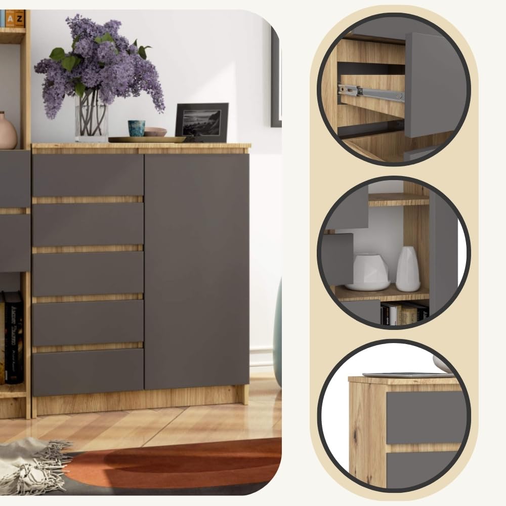 AKORD Kommode K80 mit 5 Schubladen, Schrank mit 1 Tür 3 Regalböden, Für das Wohnzimmer Schlafzimmer, Moderne, 16mm Laminierte Platte, B80xH97xT35 cm, Farbe Artisan-Eiche & Graphitgrau