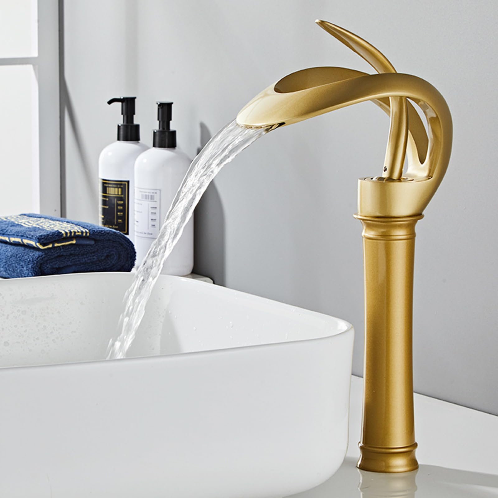 Wasserhahn Bad Hoch Wasserfall Warm Und Kalt Einhand Waschtischarmatur Wasserfall Hoch Messing Waschbecken Armaturen,mattiertes Gold