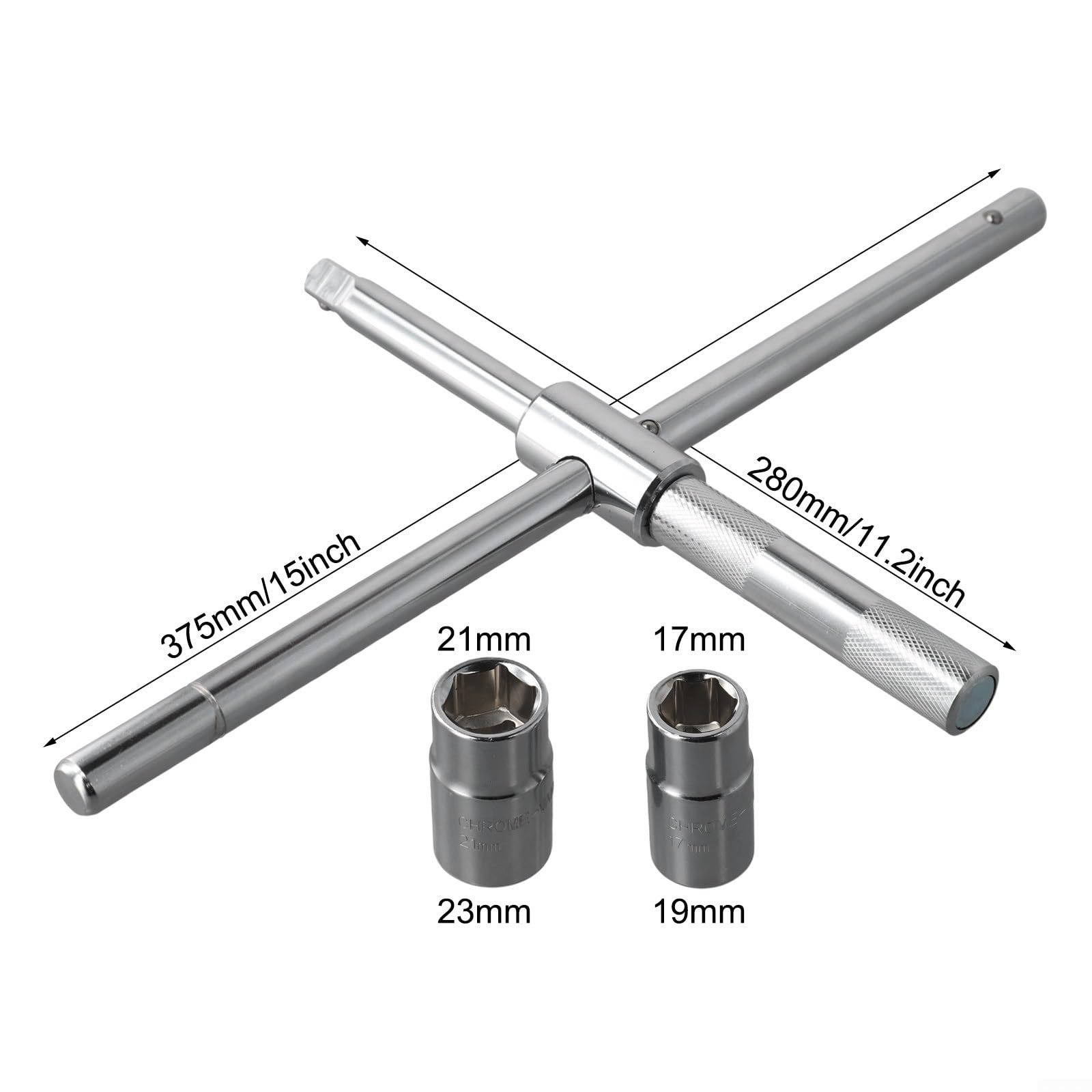 Llave de llanta extendida de 4 vías, juego de llaves de tuerca de hierro ajustable para neumáticos con enchufes de 17/19/21/23 mm, herramienta de rueda de aleación de alto par para automóvil