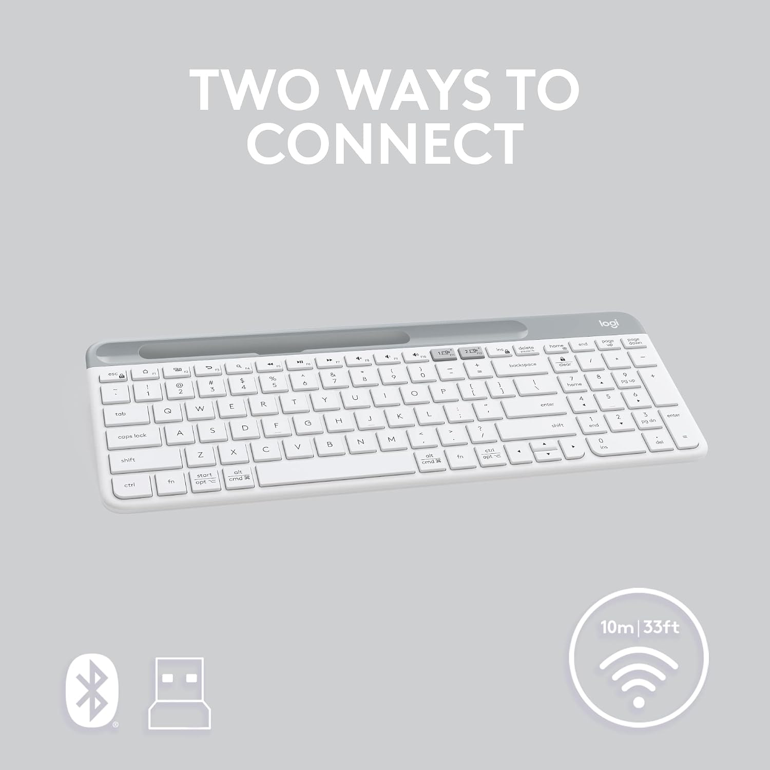 Logitech K585 Multi-Device Slim Wireless Keyboard, Built-in Cradle for Device; for Laptop, Tablet, Desktop, Smartphone, Win/Mac, Bluetooth/Receiver, Compact, Easy Switch, 24 Month Battery - Off White