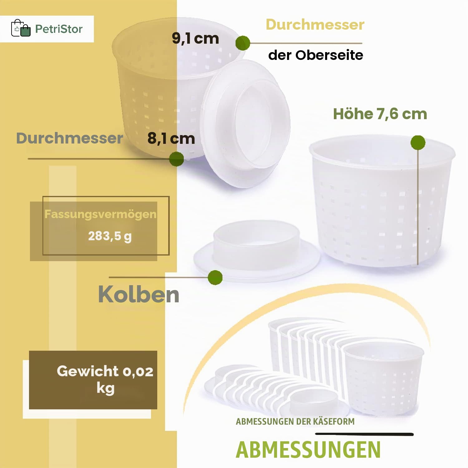 10 Stück Käseformen + Kolben – Basic Käseform 300 ml + Follower Kolben – Käseherstellungsset mit Kolben – Käseform für die Käseherstellung – Käse-Set für Presse
