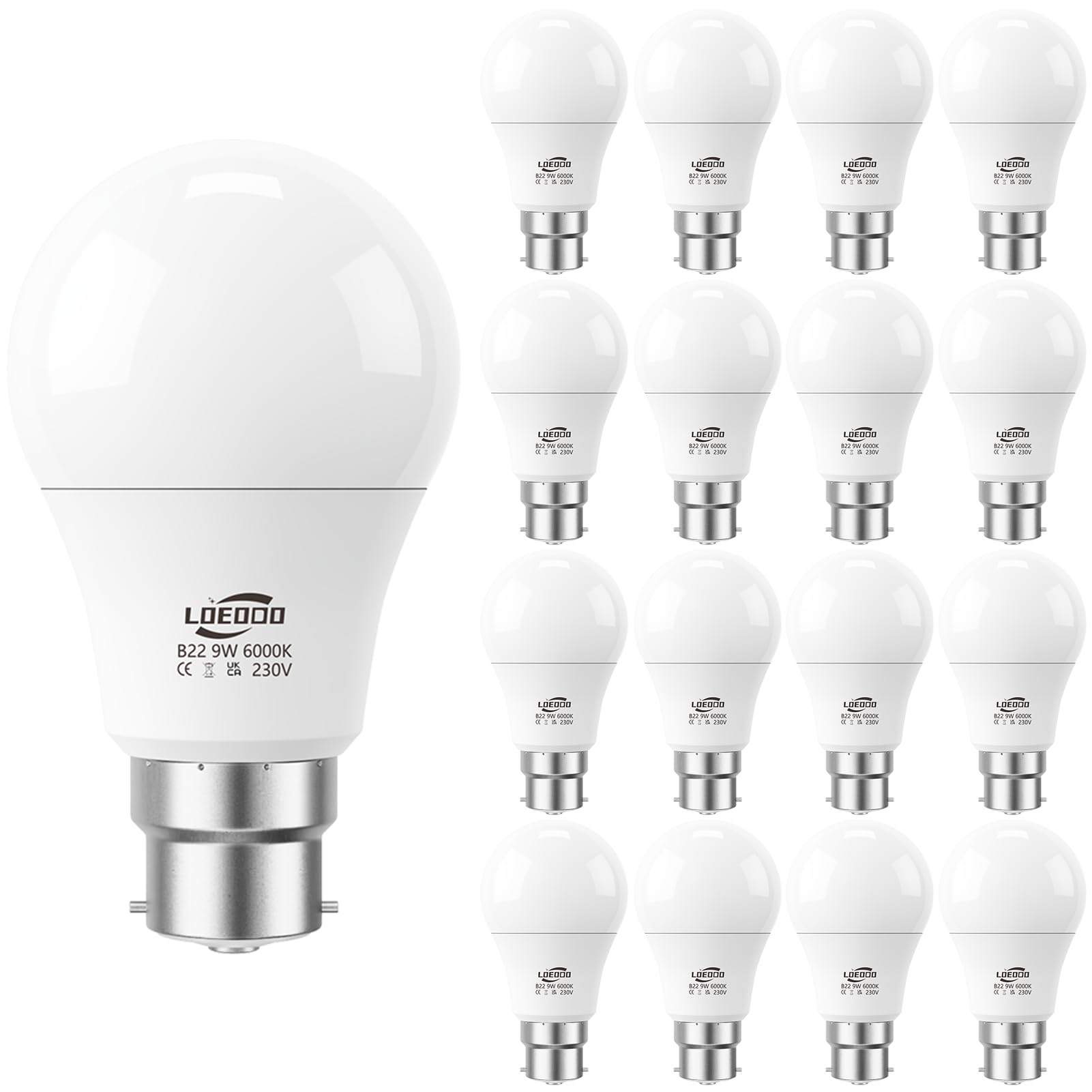 Loeodo Cool White B22 Bayonet Led Bulbs 60W Equivalent, 9W Light Bulb, 806 Lumens, 6000K Energy Saver Bulb, Non-Dimmable, Pack Of 16