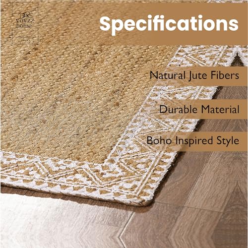 Image of voyzz home 6X9-feet Rectangular, Premium Quality Jute Braided Area Rug, White Printed Border, Stain Resistance, Natural Brown, Handmade Rug for Entryways, Living Room, Dining Room, Bedroom, Farmhouse