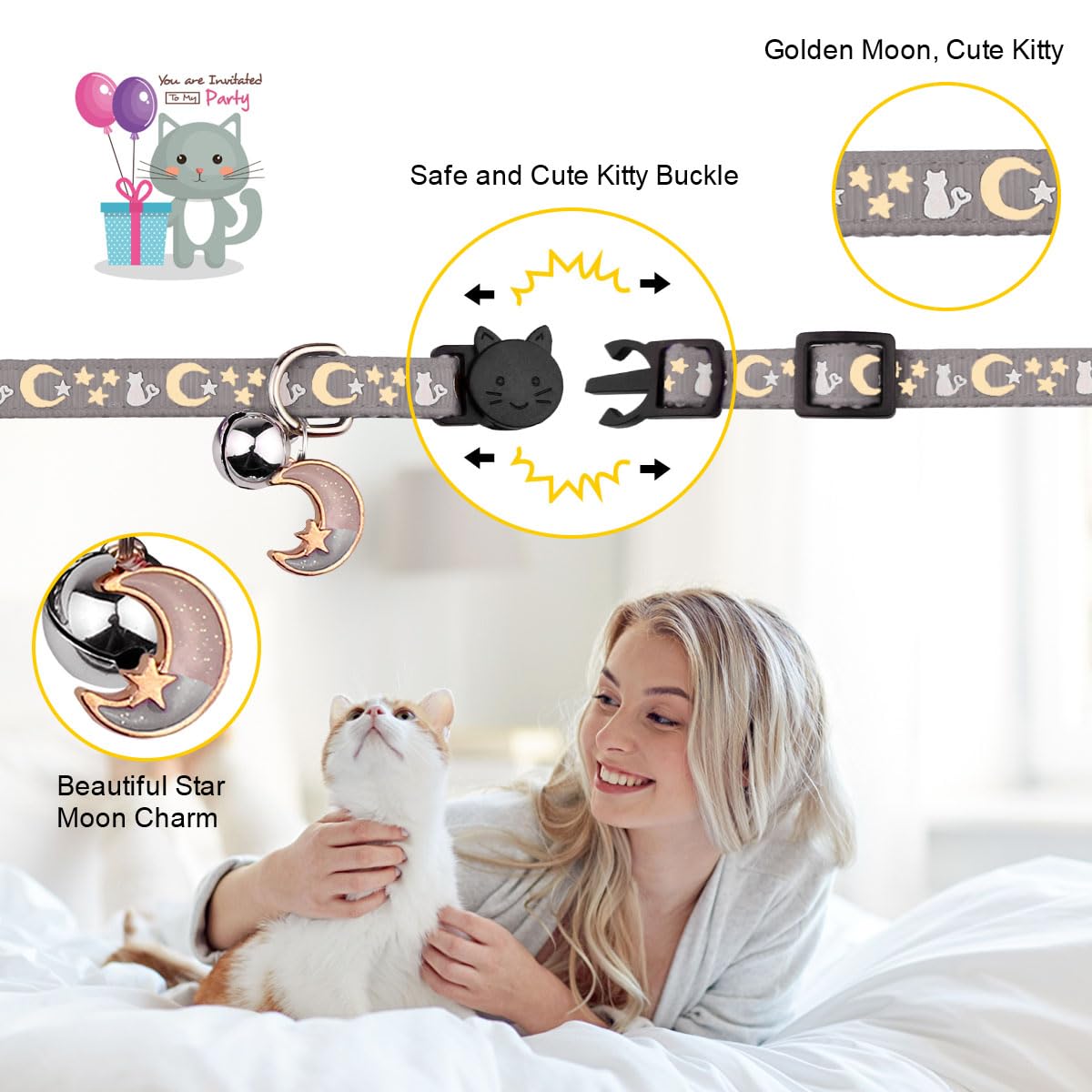 2 collares para gatos desmontables con cascabel que brillan en la oscuridad, ajustables, 20-33 cm (gris y negro)