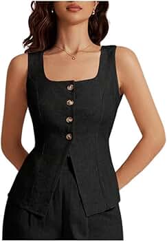 SHENHE Women's Linen Square Neck Button Up Tank Top Dressy Summer