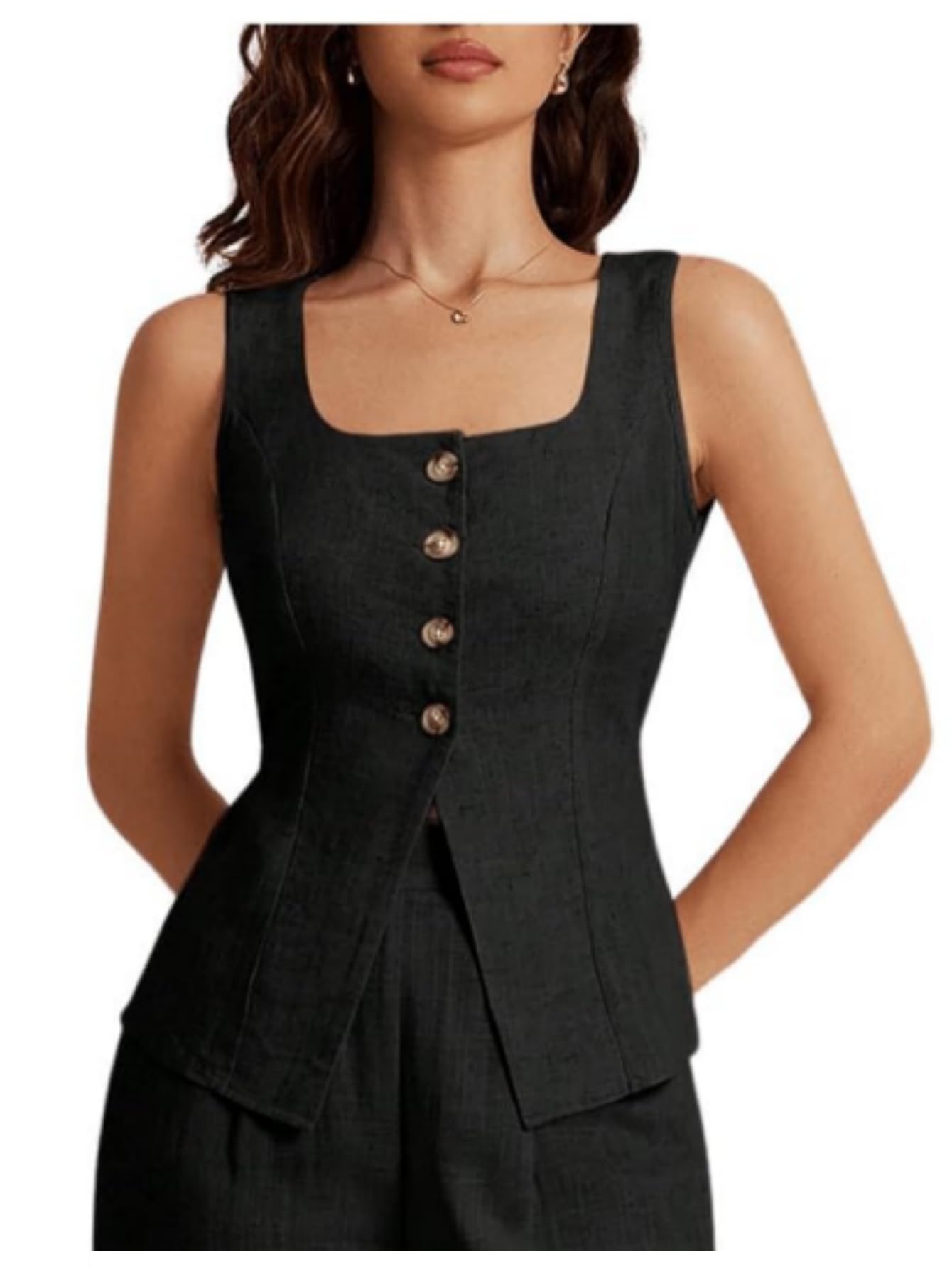 SHENHE Womens Linen Square Neck Button Up Tank Top Dressy Summer Vest Sleeveless Top