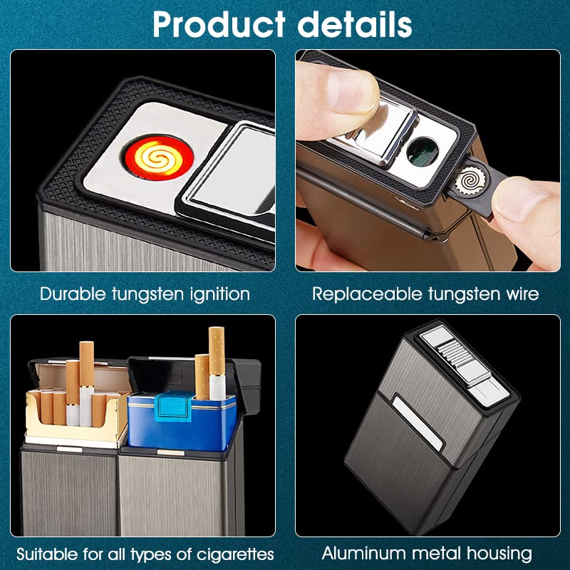 Image of GUSTAVE Cigarette Case with USB Electric Lighter for Men, Portable Cigarette Box, Rechargeable Flameless Lighter, Holds 20 Cigarettes, Plastic Material, Brushed Aluminum Finish (Black)